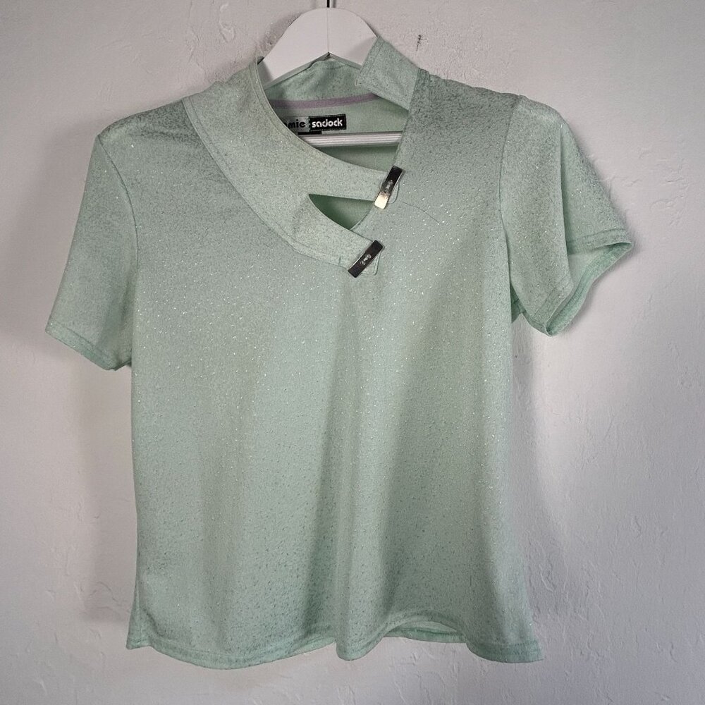 Jamie Sadock Green Sparkly Short Sleeve Golf Polo Shirt Top Medium Unique Collar